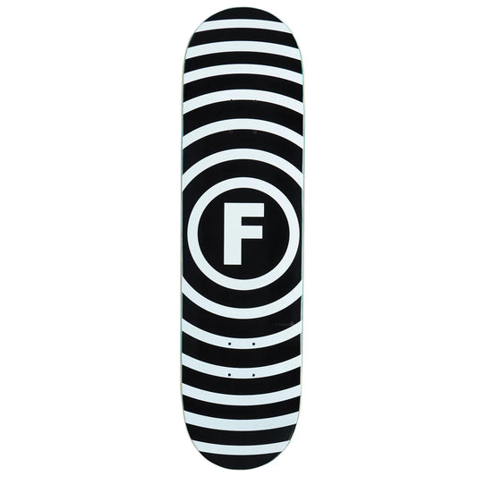 Skateboard deck with black and white striped pattern and central 'F' logo on a white background