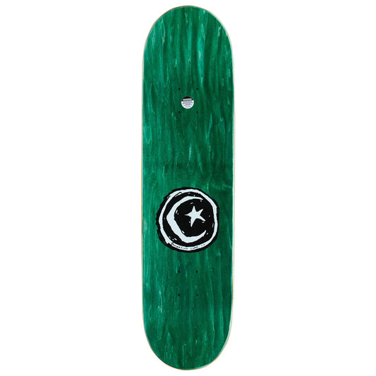 A green skateboard deck with a prominent black and white crescent and star graphic in the center, shown against a plain white background.