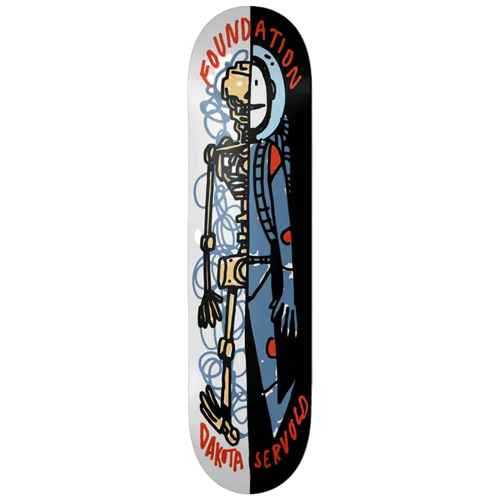 A skateboard deck shown vertically against a plain white background. The deck features a split black-and-white graphic design with a stylized skeleton figure in blue, red, and black details, and the words 'FOUNDATION' at the top 