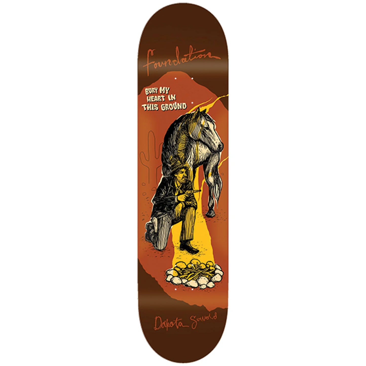Skateboard deck with a horse illustration and text on an orange background