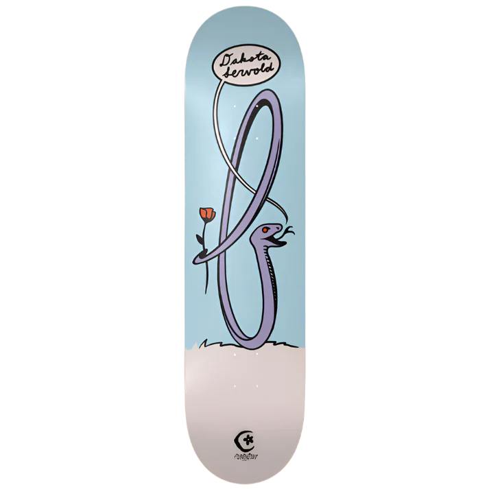 Skateboard deck with a purple snake and flower design on a light blue and white background