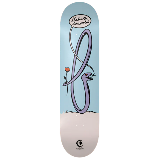 Skateboard deck with a purple snake and flower design on a light blue and white background