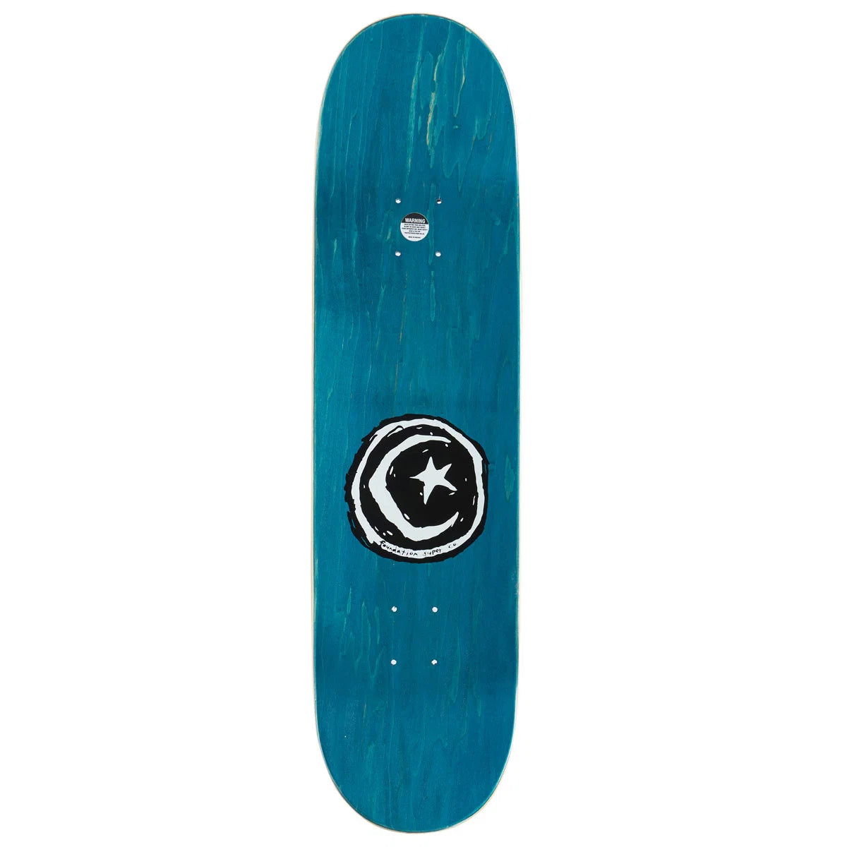 A teal blue wooden skateboard deck with a black and white crescent moon and star graphic in the center, shown vertically on a plain white background.