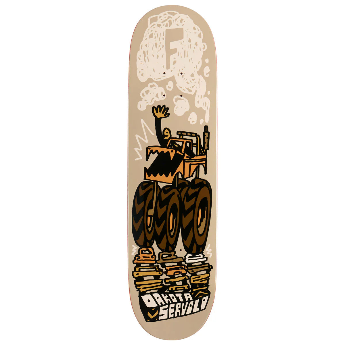 Skateboard deck with artistic design of a figure on books and text on a beige background