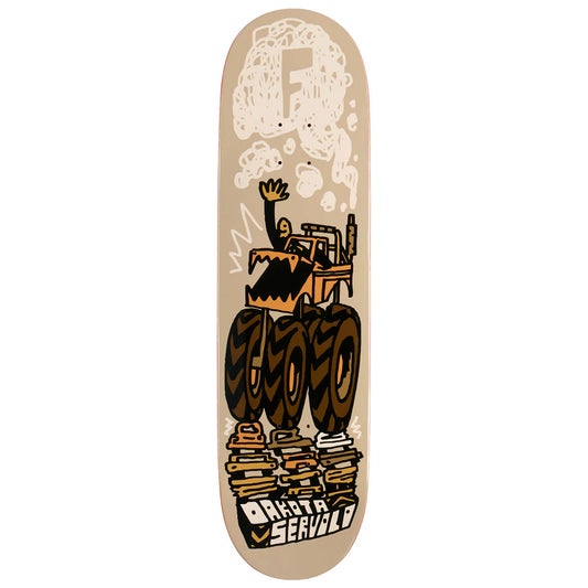Skateboard deck with artistic design of a figure on books and text on a beige background