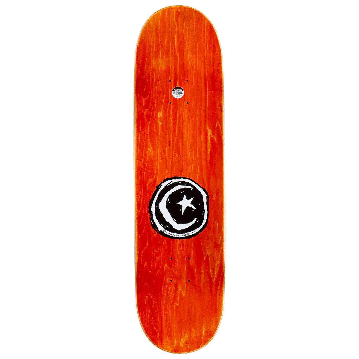Skateboard deck with a red wood finish and black and white logo on a white background
