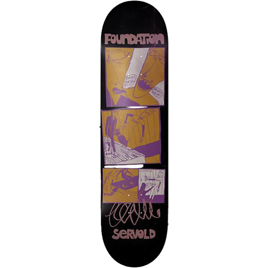 Skateboard deck with graphic design and branding on a white background