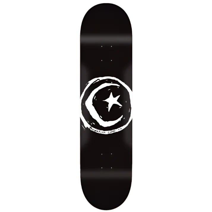 Black skateboard deck with a white star and crescent moon design on a white background