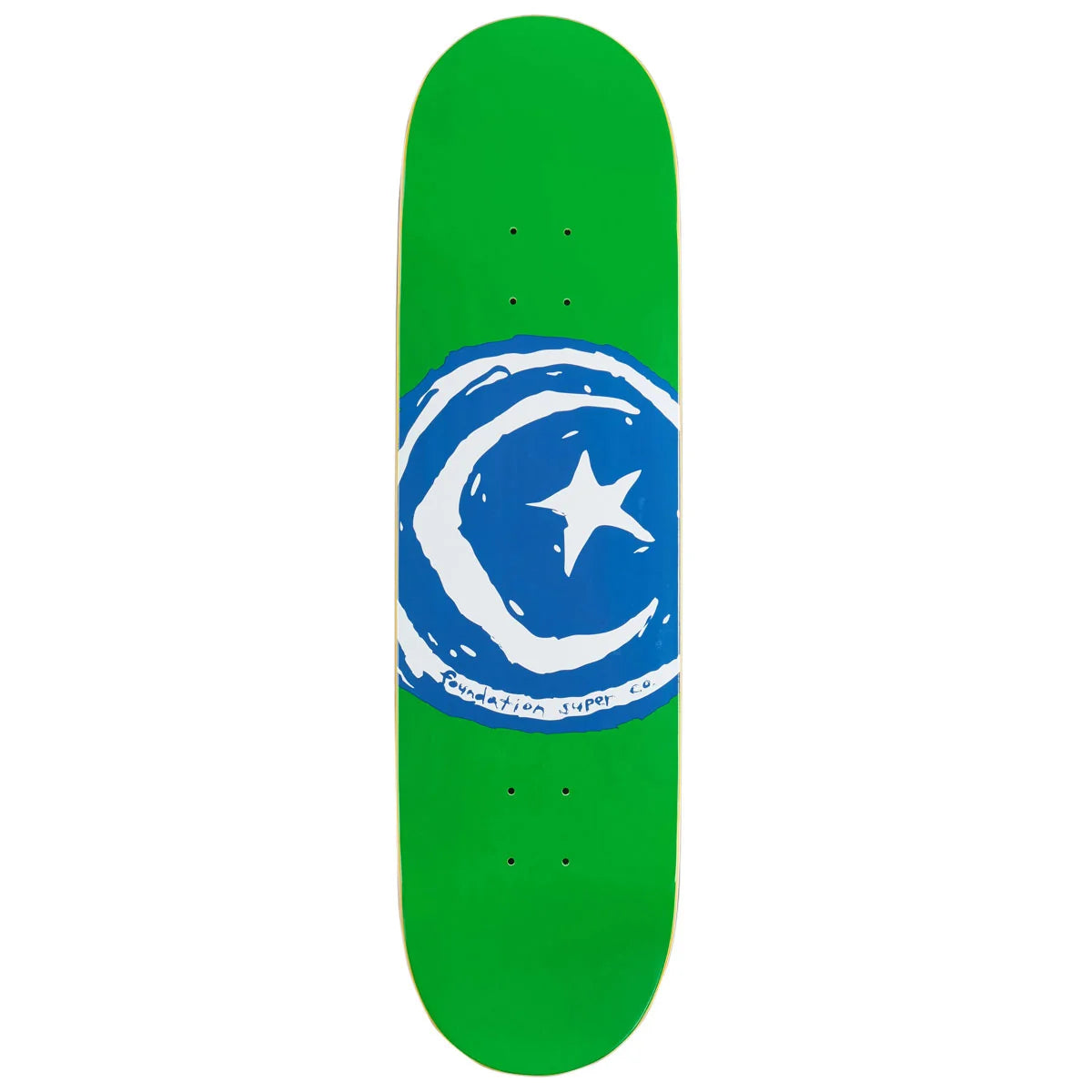 Green skateboard deck with a blue and white design featuring a star and crescent on a white background