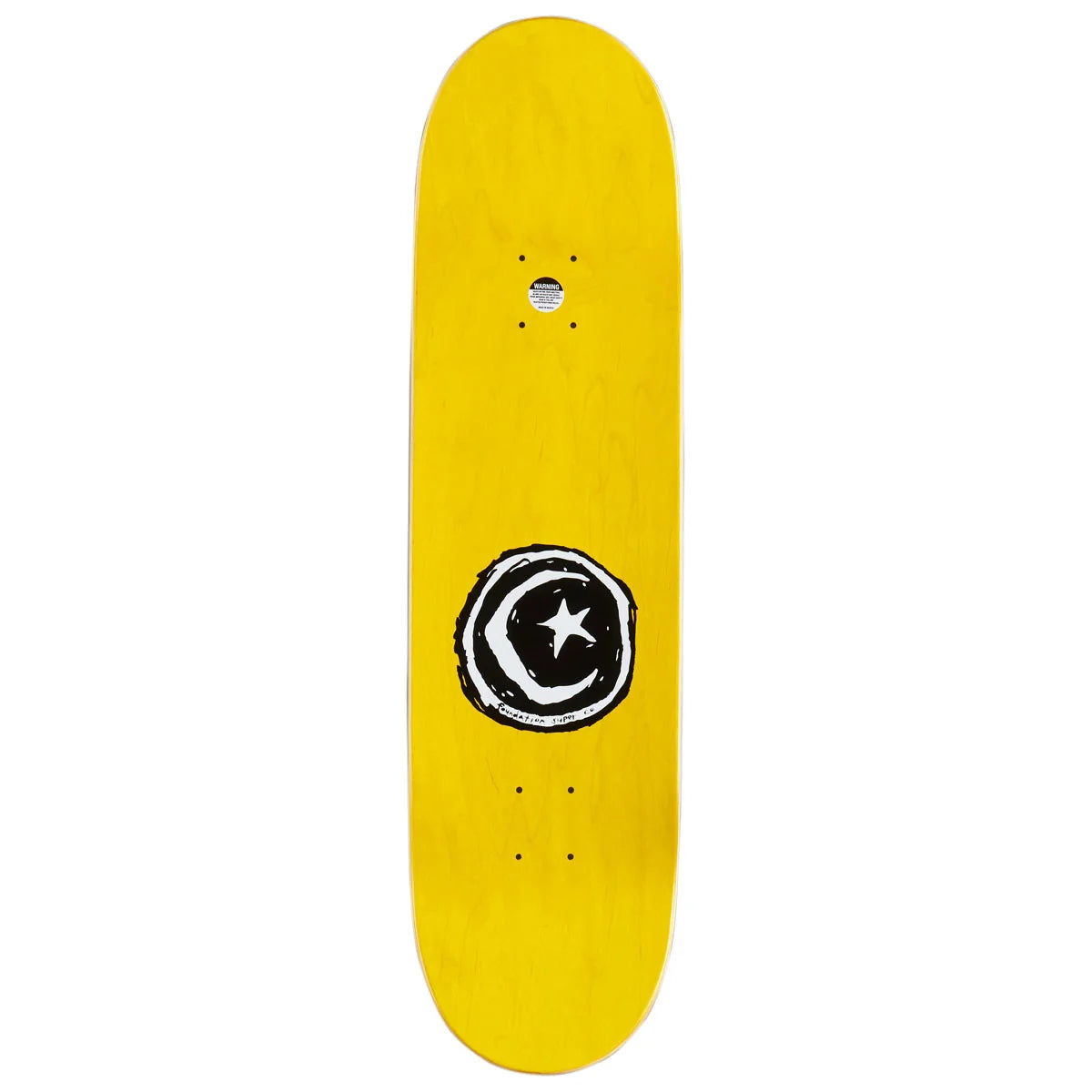 A bright yellow skateboard deck shown vertically against a plain white background, featuring a black and white circular logo with a star in the center.