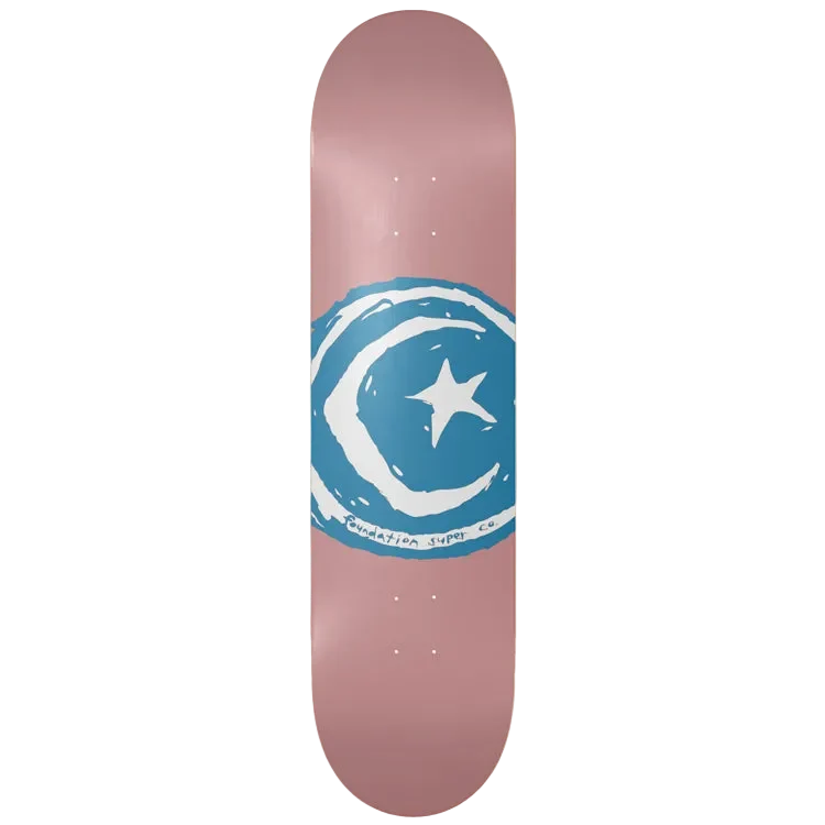 A skateboard deck with a dusty rose pink background and a central graphic featuring a blue and white crescent moon and star design.