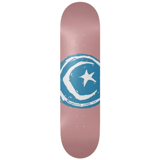 A skateboard deck with a dusty rose pink background and a central graphic featuring a blue and white crescent moon and star design.