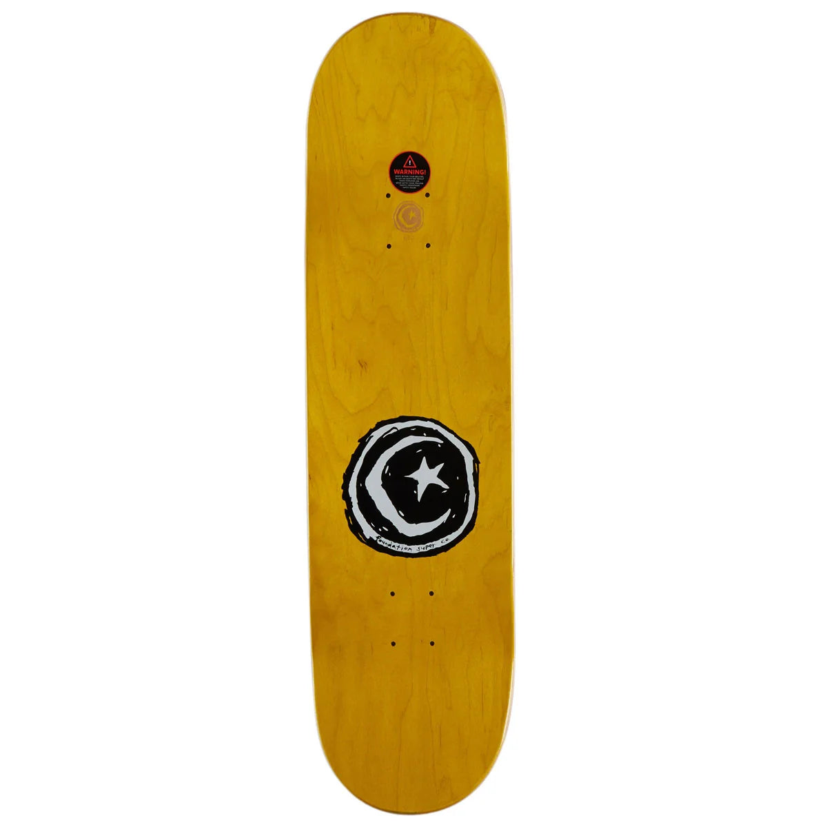 A skateboard deck with a natural yellow wood finish, featuring a black and white circular graphic with a star in the center and a small red and blue logo near the tail.