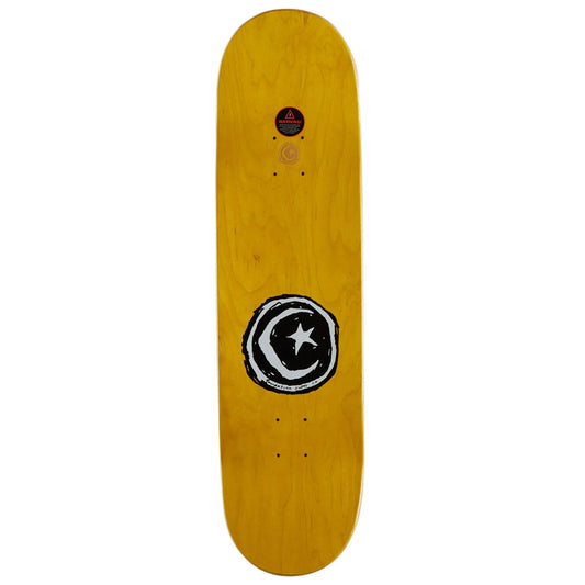A skateboard deck with a natural yellow wood finish, featuring a black and white circular graphic with a star in the center and a small red and blue logo near the tail.