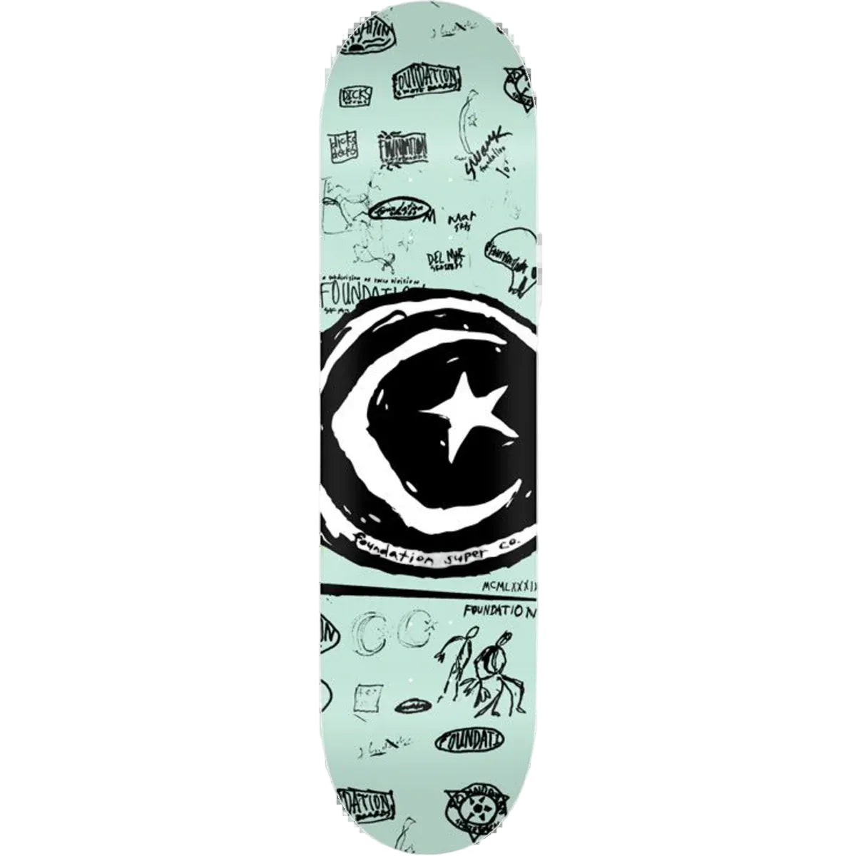 Skateboard deck with a star and moon design on a light blue background