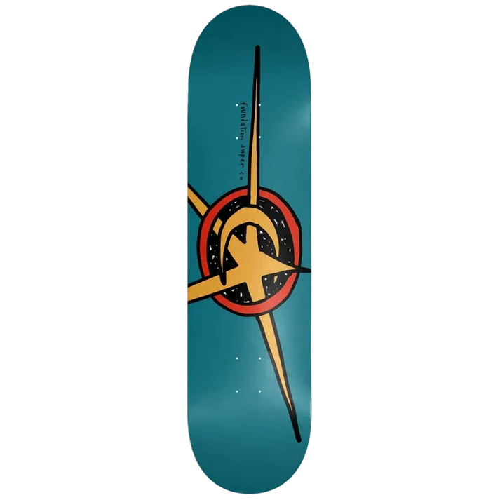 A skateboard deck featuring a teal background with a central graphic of a gold star inside a red and black circular emblem, with the words 'Galaxy's Corner' printed on the left side.