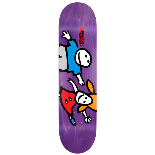 Skateboard deck with cartoon characters on a purple background
