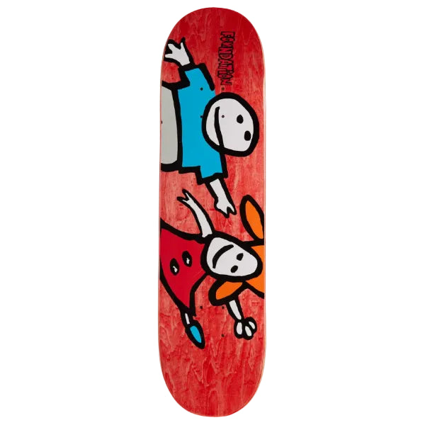 A skateboard deck with a red wood-grain background featuring two cartoon-style figures in blue and red outfits with white faces, plus a visible 'Fondation' brand logo near the top.