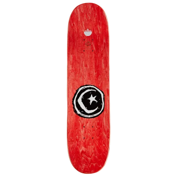 A red skateboard deck with a prominent black and white crescent moon and star graphic in the center, shown against a plain white background.