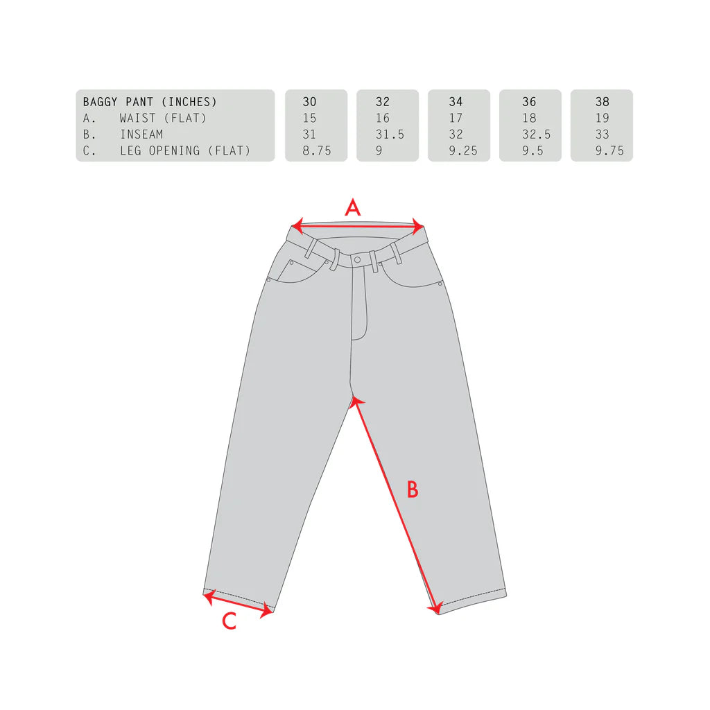 Baggy pants with measurement chart on a white background