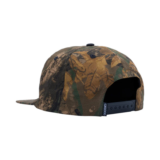 Camouflage-patterned cap with a brand logo on a white background