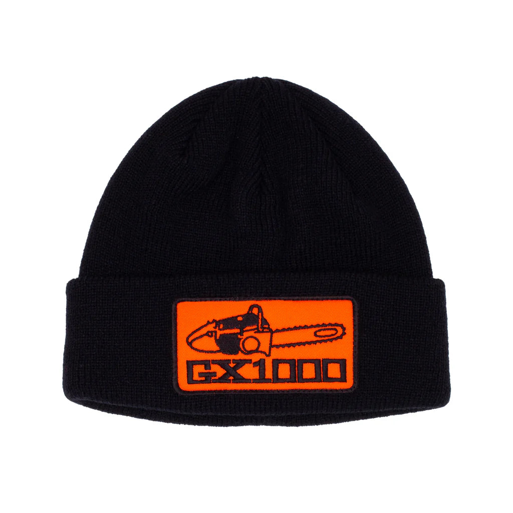 Black beanie with orange logo featuring a chainsaw and 'GX1000' text on a white background
