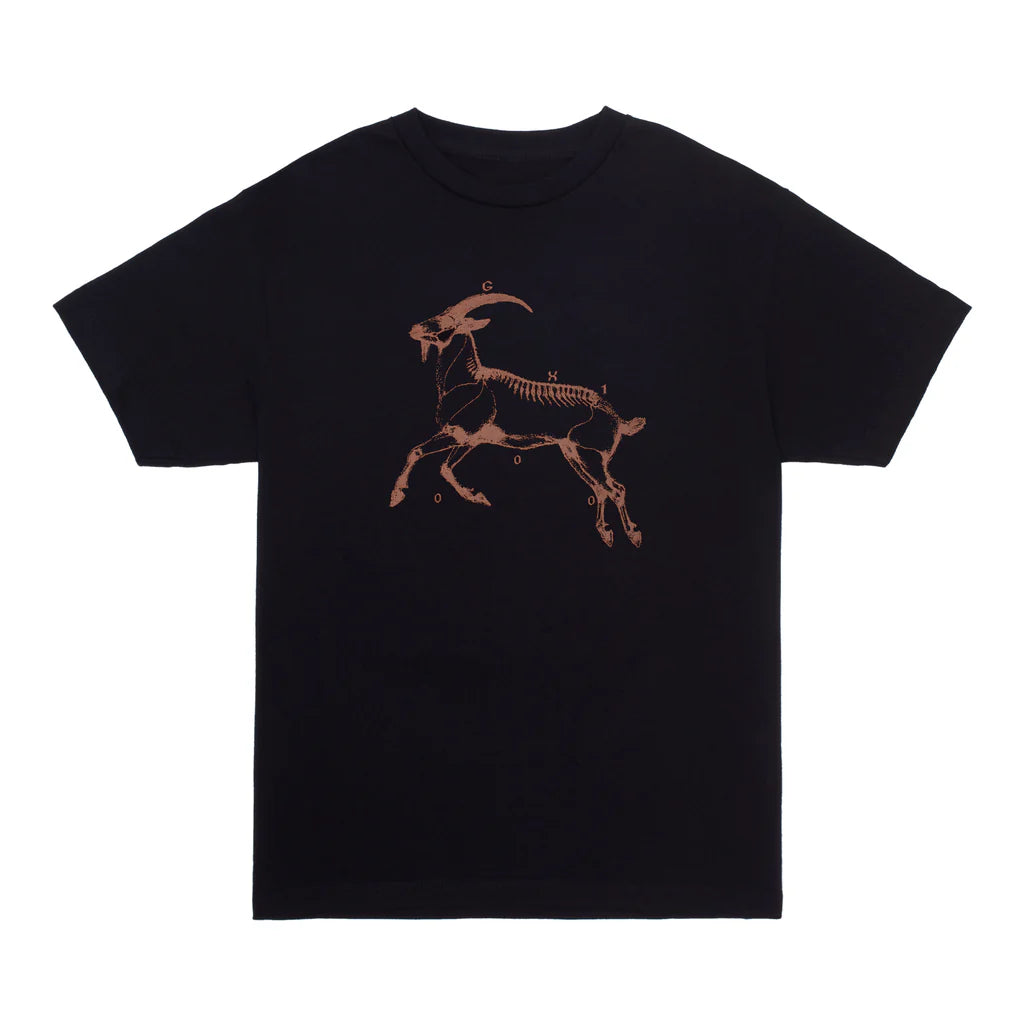 Black t-shirt with a brown goat skeleton design on a white background