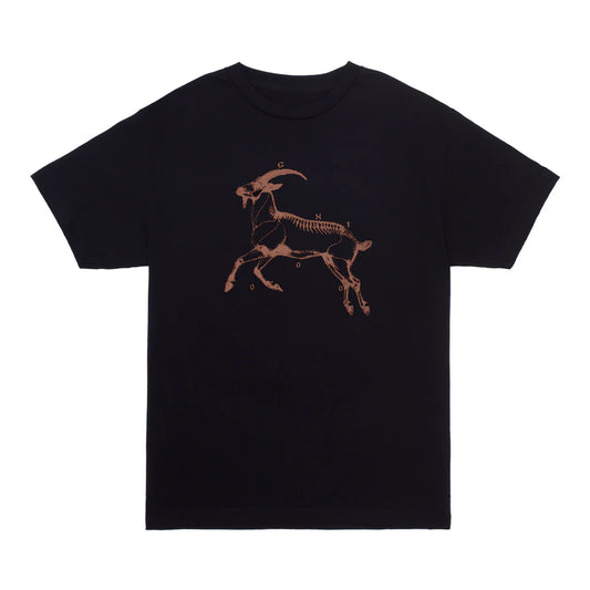 Black t-shirt with a brown goat skeleton design on a white background
