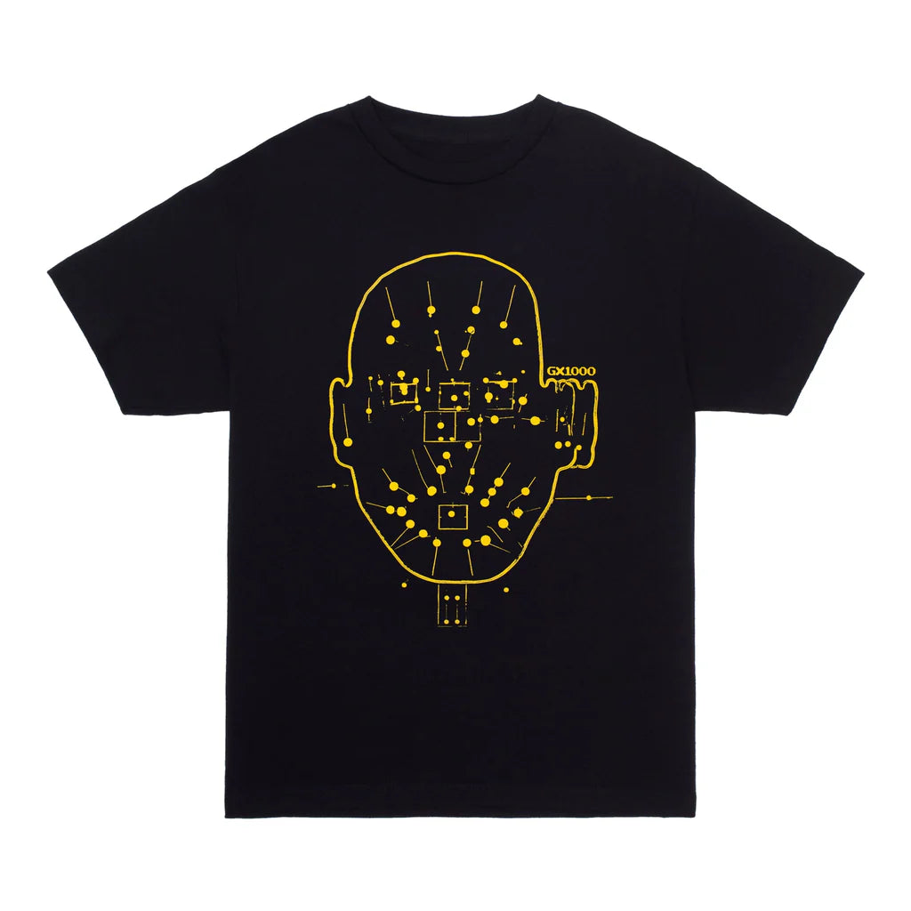 Black t-shirt with yellow graphic design on a white background