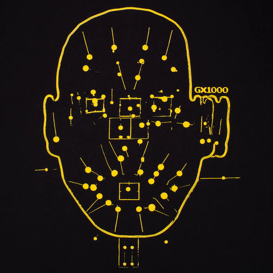 Yellow outline of a head with measurement points on a black background