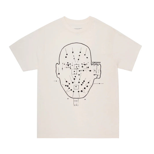 White t-shirt with black graphic design on a white background