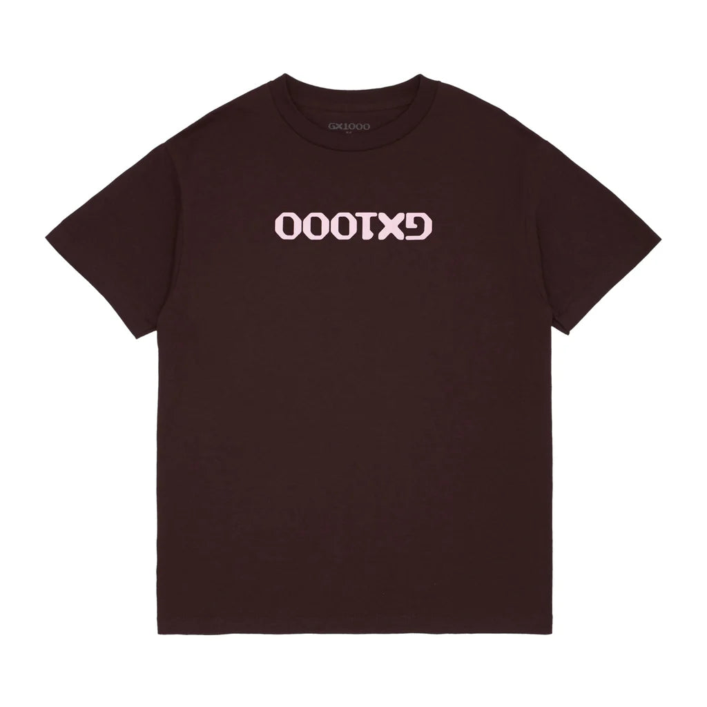 Brown t-shirt with white text on a white background