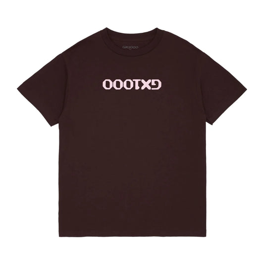Brown t-shirt with white text on a white background
