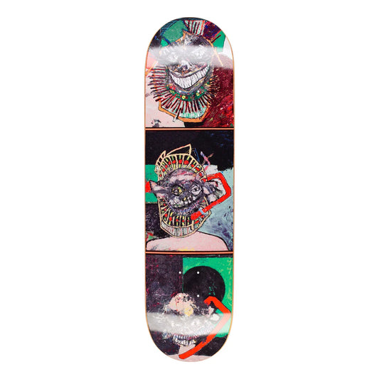 Skateboard deck with colorful graphic design on a white background