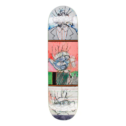 Skateboard deck with artistic design on a white background