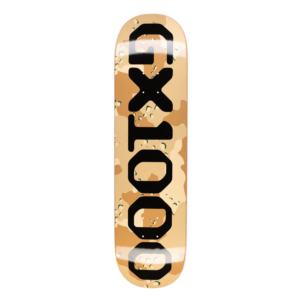 Skateboard deck with a camouflage pattern and black branding on a white background