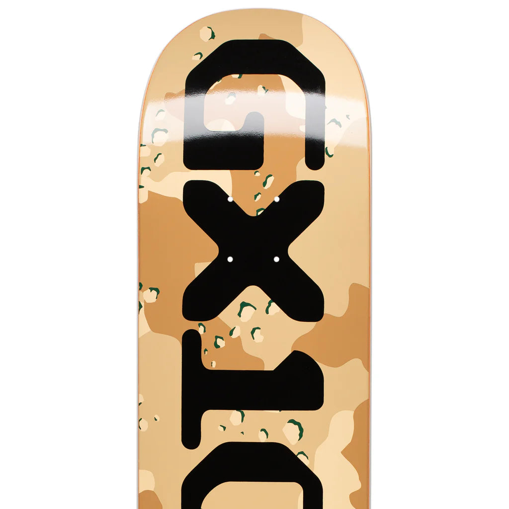 Camouflage-patterned skateboard deck with black logo on a white background