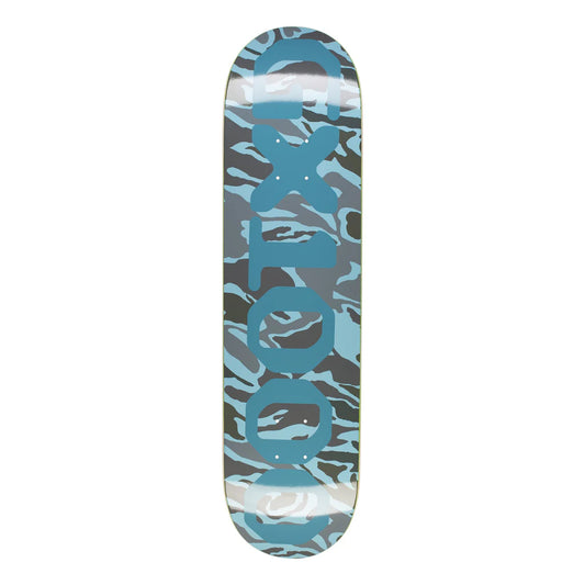 Skateboard deck with blue and gray pattern on a white background