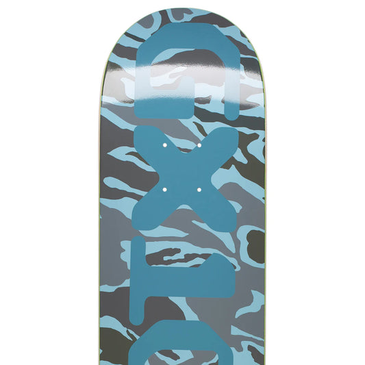 Skateboard deck with blue and gray camouflage pattern on a white background
