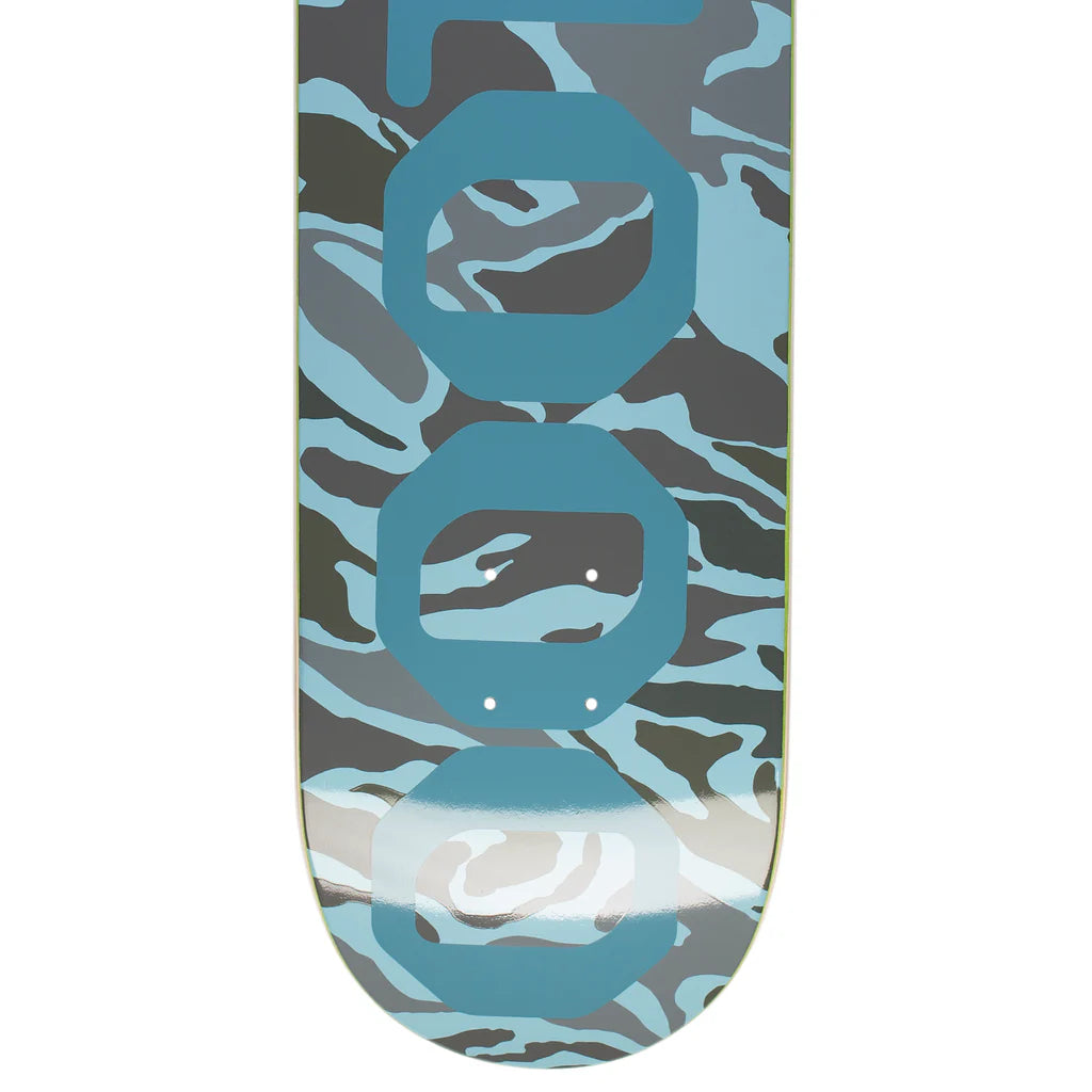 Skateboard deck with blue and gray camouflage pattern on a white background
