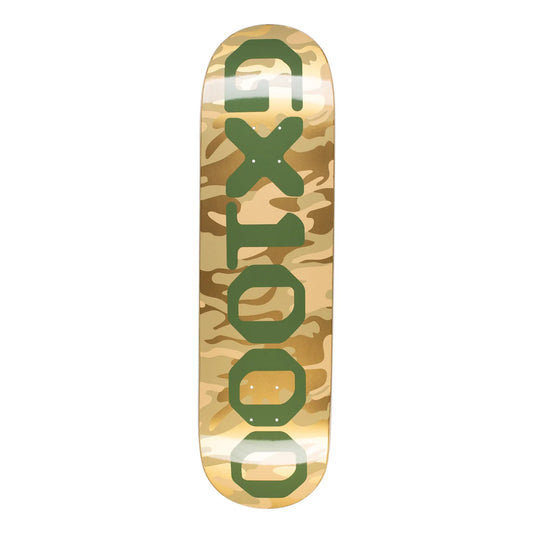 Camouflage-patterned skateboard deck with green text on a white background