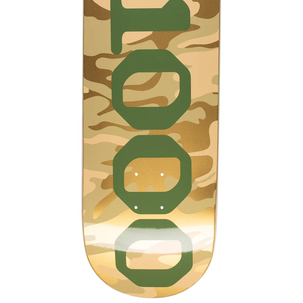 Camouflage-patterned skateboard deck with green text on a white background