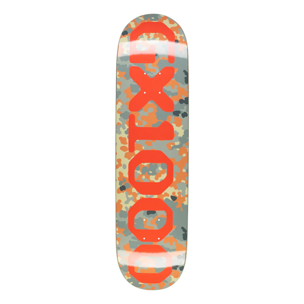Skateboard deck with red text and multicolor pattern on a white background