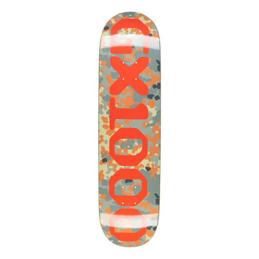 Skateboard deck with red text and multicolor pattern on a white background