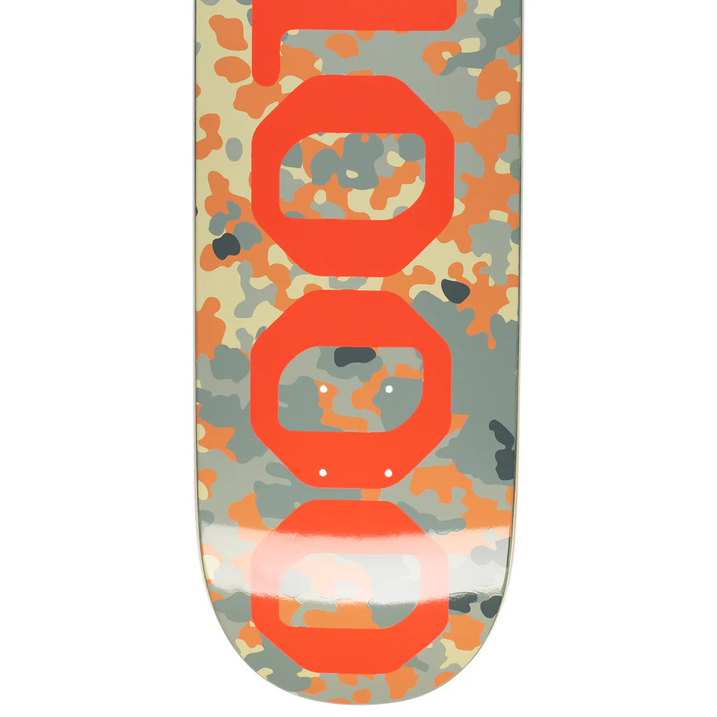 Skateboard deck with camouflage pattern and red logo on a white background