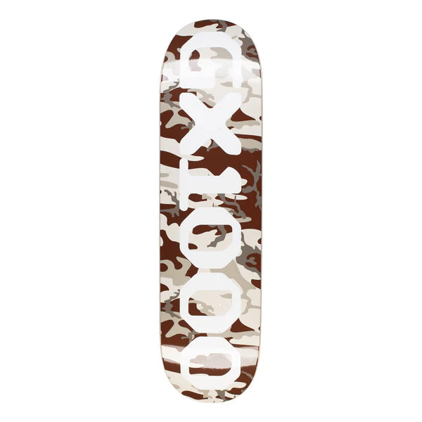 Skateboard deck with camouflage pattern on a white background