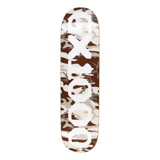 Skateboard deck with camouflage pattern on a white background