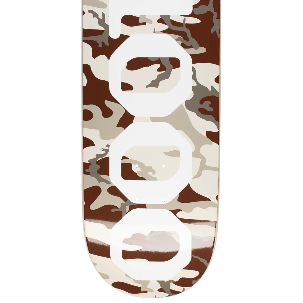 Camouflage-patterned skateboard deck with white logo on a white background