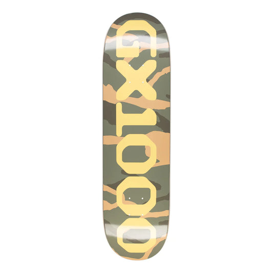 Skateboard deck with a camouflage pattern and brand logo on a white background