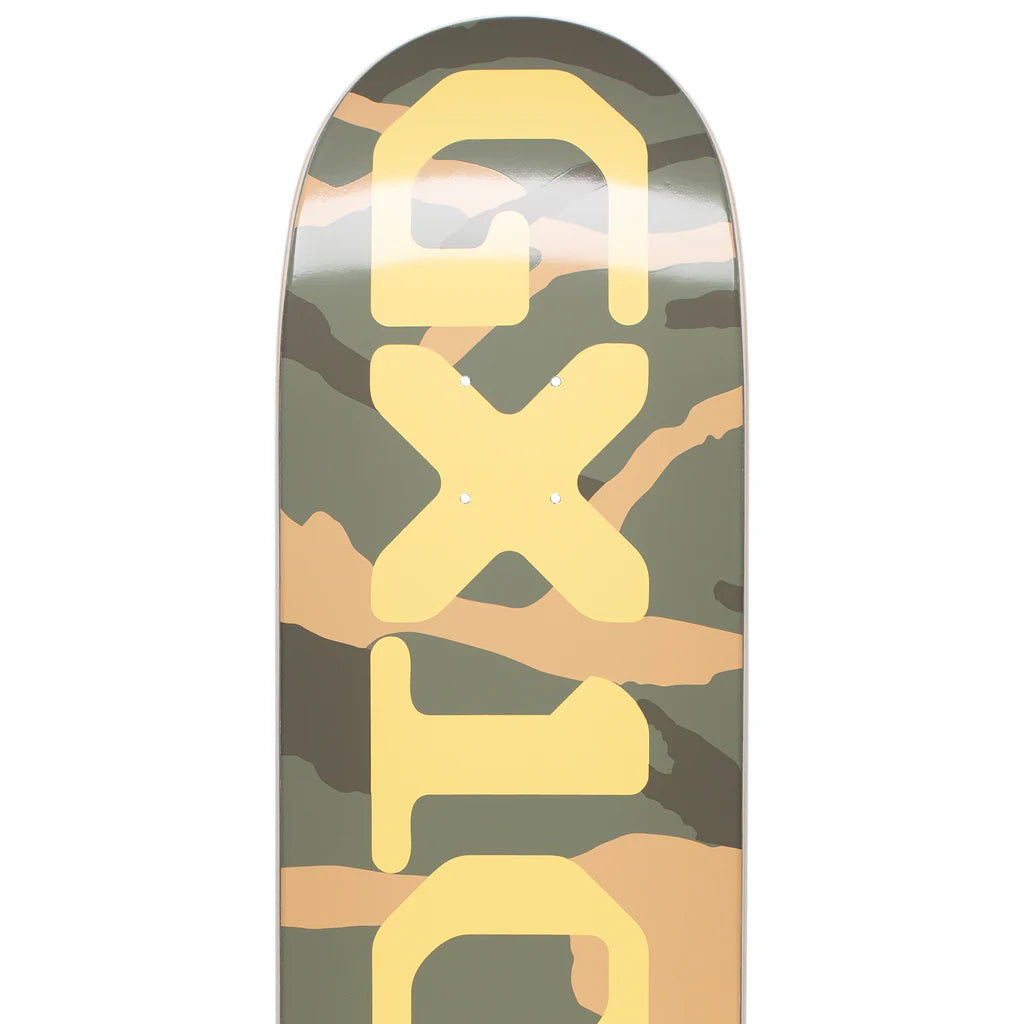 Skateboard deck with camouflage pattern and yellow logo on a white background